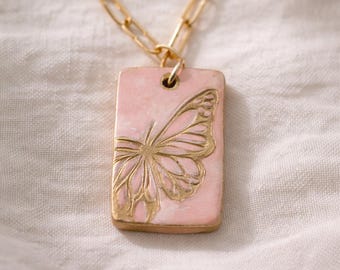 Handmade Clay Butterfly Pendant Necklace, Gold Paperclip Chain Option, Minimalist Boho Jewelry