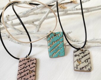 Handmade Ceramic Script Pendant Necklace, Minimalist Boho Cord Jewelry
