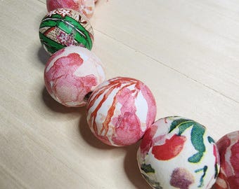 Artisan Blessing Beads Garland with Fabric Tassels, Vintage-Inspired Paper Collage, Eclectic Wooden Beads for Curated Organic Modern Decor
