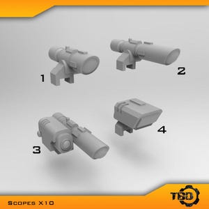 Op de afbeelding: Vier grijze scopes, elk met een uniek ontwerp, worden weergegeven tegen een lichte achtergrond. De scopes zijn genummerd van 1 tot en met 4. De tekst "SCOPES X10" staat onderaan de afbeelding.