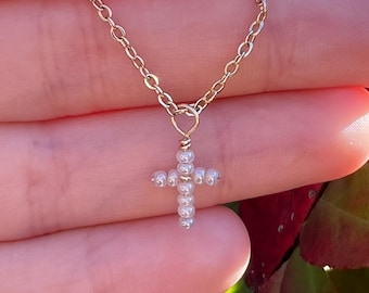 Ultra Dainty 14K Gold Filled Pearl Cross Necklace - Minimalistic Non-Tarnish - Christmas Gift for Her