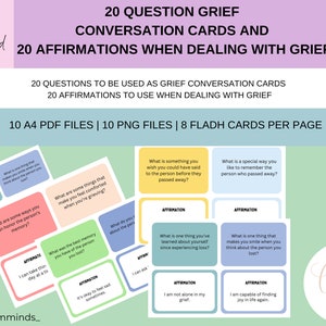 Cartes de questions et d'affirmations sur le deuil et la perte, ressources thérapeutiques, conversations sur le deuil, deuil lié à la santé mentale, cartes de conversation, perte