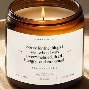 May include: A lit soy wax candle in a brown glass jar. The label reads "Sorry for the things I said when I was overwhelmed, tired, hungry, and emotional." The candle is 9 oz / 255g and crafted for calm.