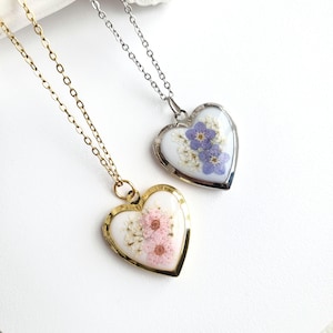 Wildflower Photo Locket Necklace | Forget-Me-Not Locket | Heart Locket | Dried Floral Jewelry | Resin Pressed Flower Locket | Handmade