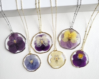 Pansy Necklace, Violet Necklace, Viola Necklace, Pressed Flower Necklace, Dried Flower Jewelry, Mothers Day Gift for Mom, Handmade Gifts