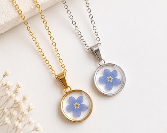 Handmade Pressed Forget-Me-Not Flower Necklace, Real Flower Jewelry, Remembrance Gift