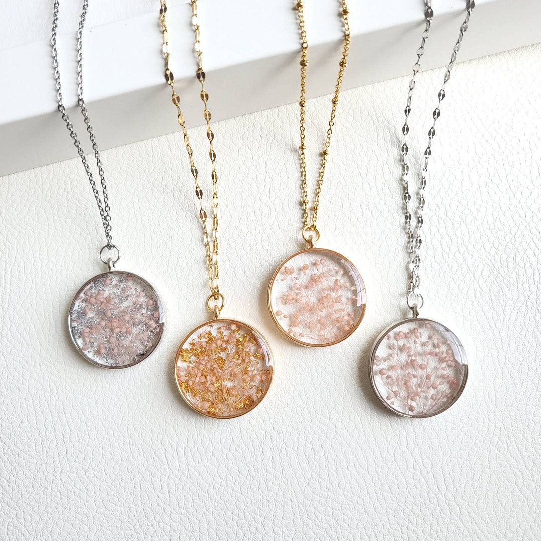 Pressed Flower Necklace Baby Breath Necklace Resin Jewelry Etsy