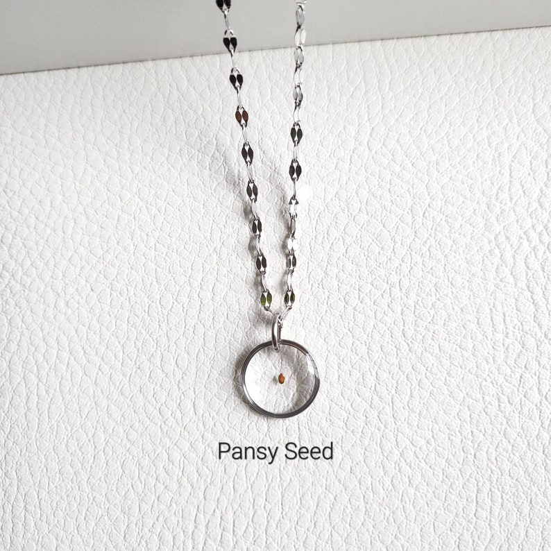 May include: A silver chain necklace with a clear oval pendant containing a single pansy seed. The pendant is hanging on a white background. The text "Pansy Seed" is written below the pendant.