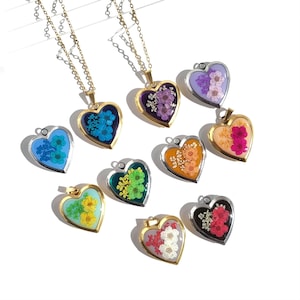 Handmade Floral Heart Photo Locket, Pressed Flower Forget Me Not Heart Necklace, Birthday Gift Christmas Gift Personalized Gift for her