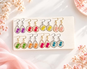 Real Pressed Flower Dangle Earrings, Botanical Resin Jewelry
