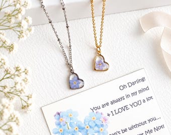 Dainty Forget Me Not Heart Necklace, Miscarriage Gift, Real Pressed Flower Memorial Jewelry