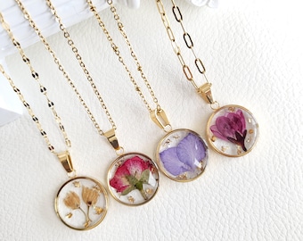 Birth Month Flower Necklace, Pressed Flower Resin Pendant