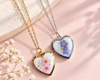 Handmade Forget Me Not Heart Locket, Real Pressed Flower Necklace, Botanical Keepsake Gift