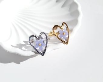 Forget Me Not Flower Heart Ring: Resin Mustard Seed Jewelry