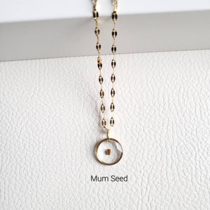 May include: A gold chain necklace with a clear glass circle pendant containing a small gold seed. The pendant is attached to the chain with a gold ring. The necklace is on a white background with the text "Mum Seed" below the pendant.