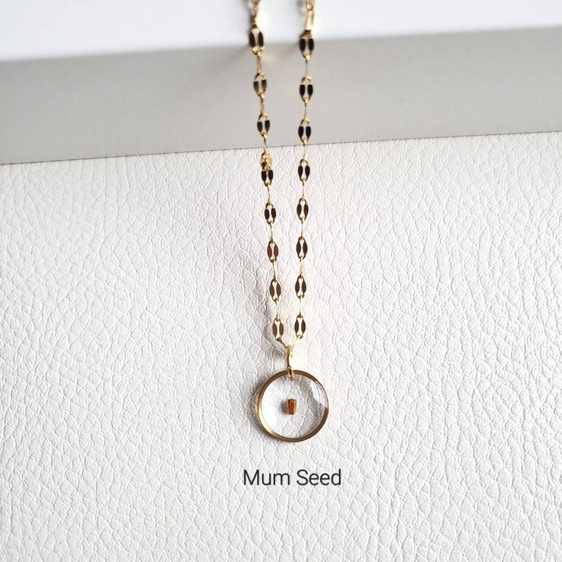 May include: A gold chain necklace with a clear glass circle pendant containing a small gold seed. The pendant is attached to the chain with a gold ring. The necklace is on a white background with the text "Mum Seed" below the pendant.