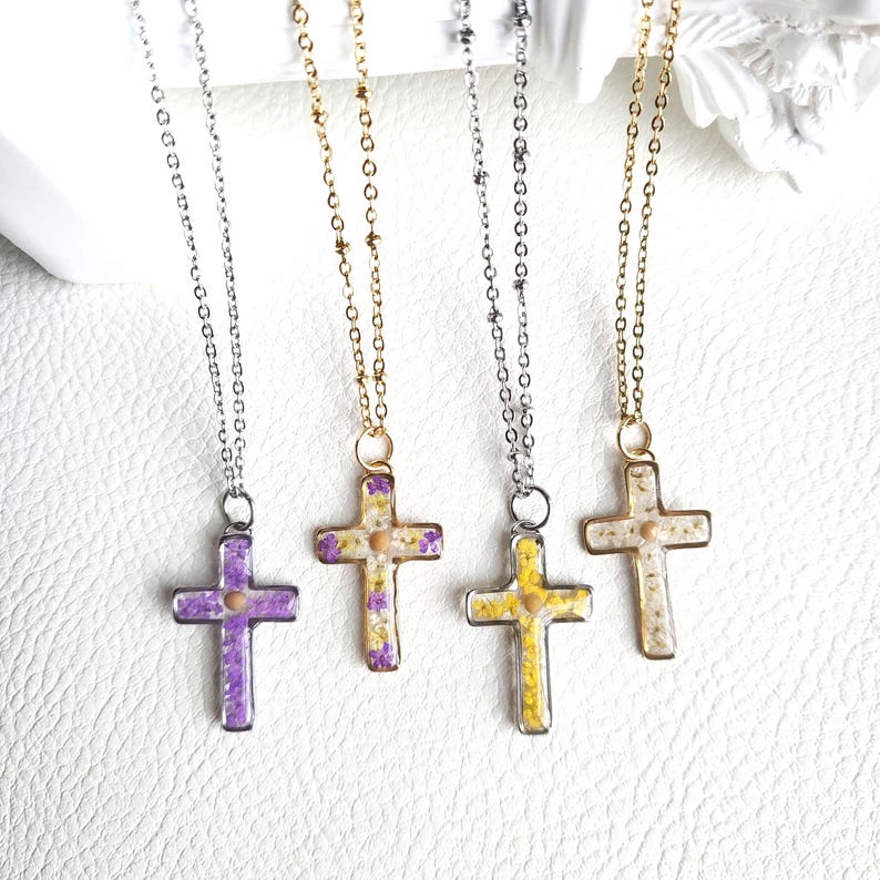 Senapsfröhalsband, korshalsband för kvinnor, unik present till henne, kristen smyckespresent, konfirmationspresent, julklapp, mors dag-present bild 1
