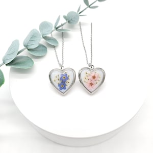 Forget Me Not Wildflower Photo Locket Necklace | Resin Pressed Flower Locket | Handmade Heart Locket Dried Floral Jewelry Gift for Women