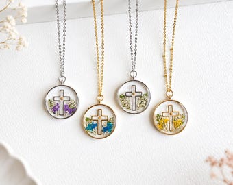 Mustard Seed Cross Necklace, Pressed Flower Christian Faith Jewelry, Bible Verse Gift for Women