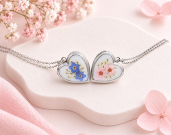 Forget Me Not Flower Heart Photo Locket, Pressed Flower Picture Necklace, Memorial Keepsake