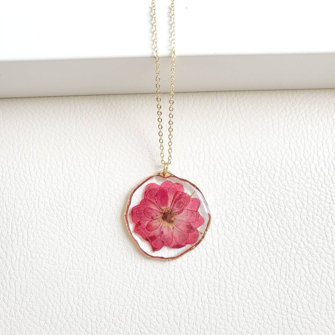 Rose Necklace, June Birth Flower Necklace, Pressed Flower Necklace, Floral Jewelry, Resin