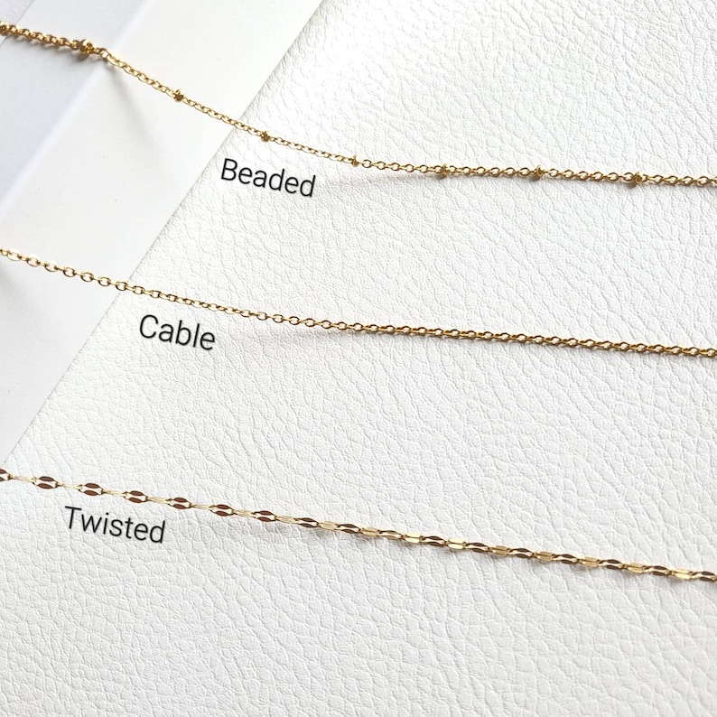 May include: Three gold chains on a white background. The chains are labeled "Beaded", "Cable", and "Twisted".