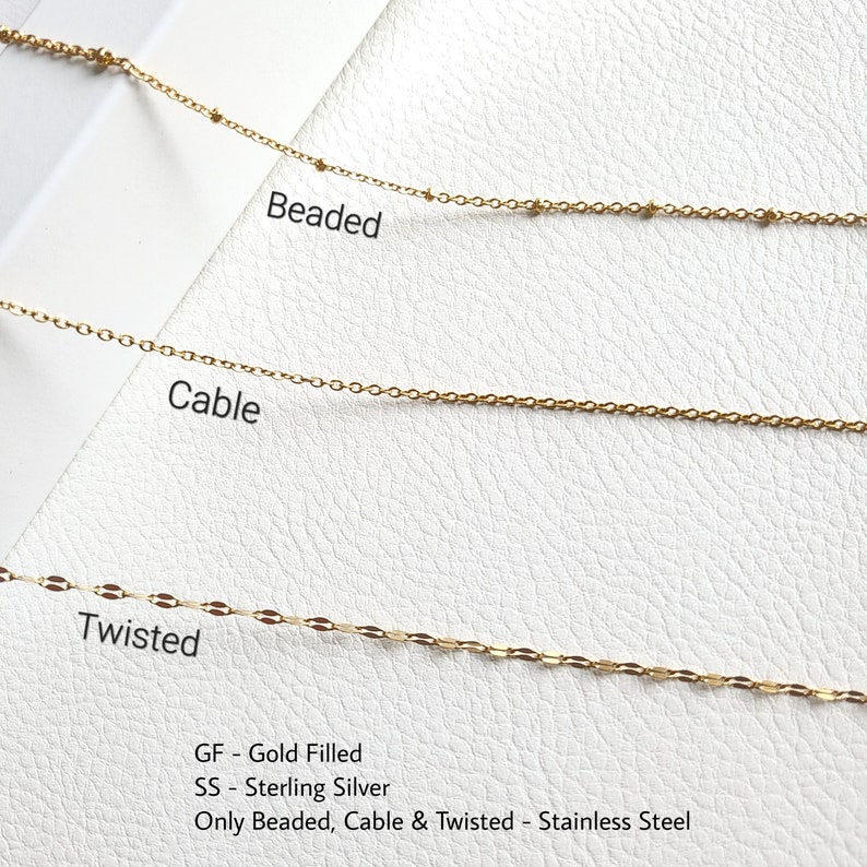Pu&ograve; includere: Tre catene d'oro su uno sfondo bianco. Le catene sono etichettate "Beaded", "Cable" e "Twisted". &Egrave; anche visibile il testo "GF - Gold Filled", "SS - Sterling Silver" e "Only Beaded, Cable & Twisted - Stainless Steel".