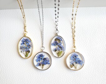 Collar de nomeolvides / Collar de flores prensadas, joyería de flores secas, joyería de resina, regalo de dama de honor para boda, regalo del Día de la Madre para mamá