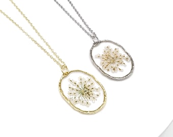 Queen Anne's kanten ketting, geperste bloemketting, harssieraden, verjaardagscadeau voor haar, kerstcadeau voor vrouwen, afstudeercadeau, natuur