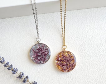 Collar de flores de caspia prensadas, joyería de flores secas auténticas