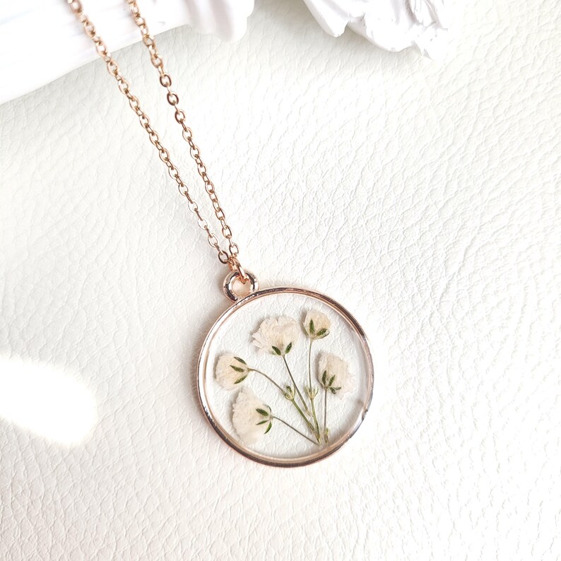 Rose Gold Baby's Breath Necklace, Pressed Flower Necklace, Dried Flower