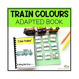 May include: A green, yellow, and brown train book for children. The book has a title page that says "I See Trains" and a story for Olive. The book is accompanied by a set of colorful train squares.