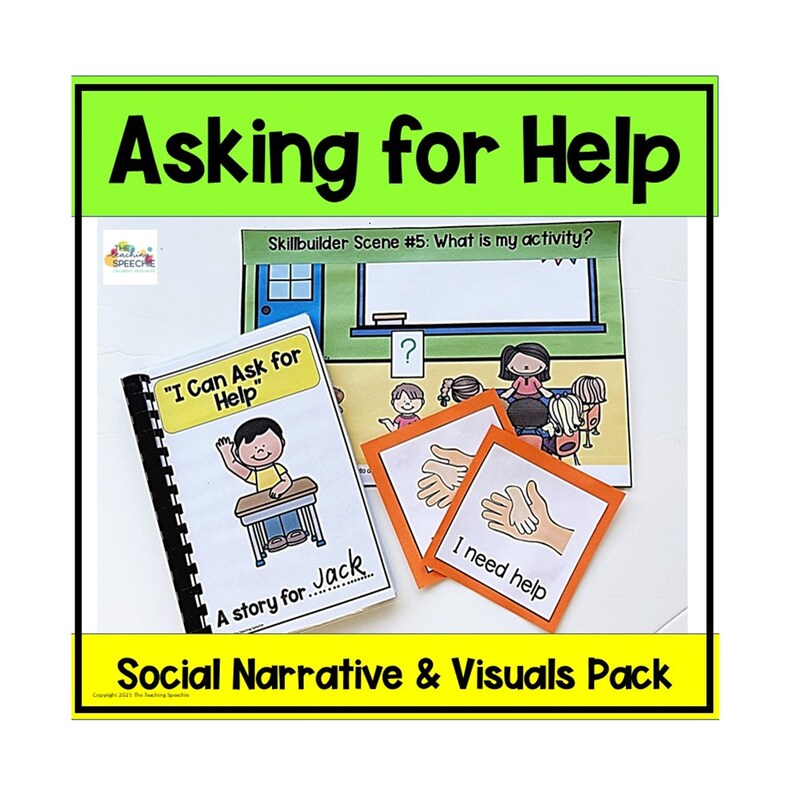 May include: A social narrative and visuals pack for teaching children how to ask for help. The pack includes a storybook titled "I Can Ask for Help", a visual scene depicting a classroom setting, and two visual cards with the phrase "I need help".