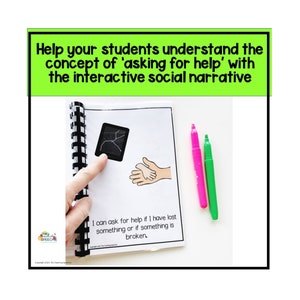 May include: A social narrative book with a black and white cover and a spiral binding. The book is open to a page with a picture of a cracked phone screen and a hand reaching out for help. The text on the page reads "I can ask for help if I have lost something or if something is broken."