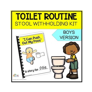 May include: A yellow and black illustrated book titled "I Can Push Out My Poos" with a cartoon boy on the cover. The book is part of a toilet routine kit for boys. The kit also includes a cartoon illustration of a boy using a toilet.