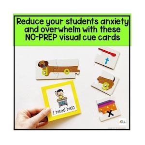 May include: A set of visual cue cards for students. The cards feature a variety of images, including a dog, a child raising their hand, and a letter X. The text "I need help" is printed on one of the cards.