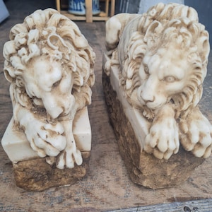 Carrara Marble Chatsworth Lion Sculpture - Home Decor- by Canova Watchful and Sleeping Lion - Classic Furniture and Bookends
