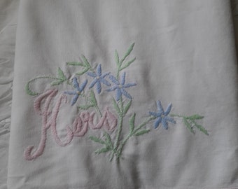 Pair of Vintage Embroidered White Pillow Covers Cases #7D 21 x 32