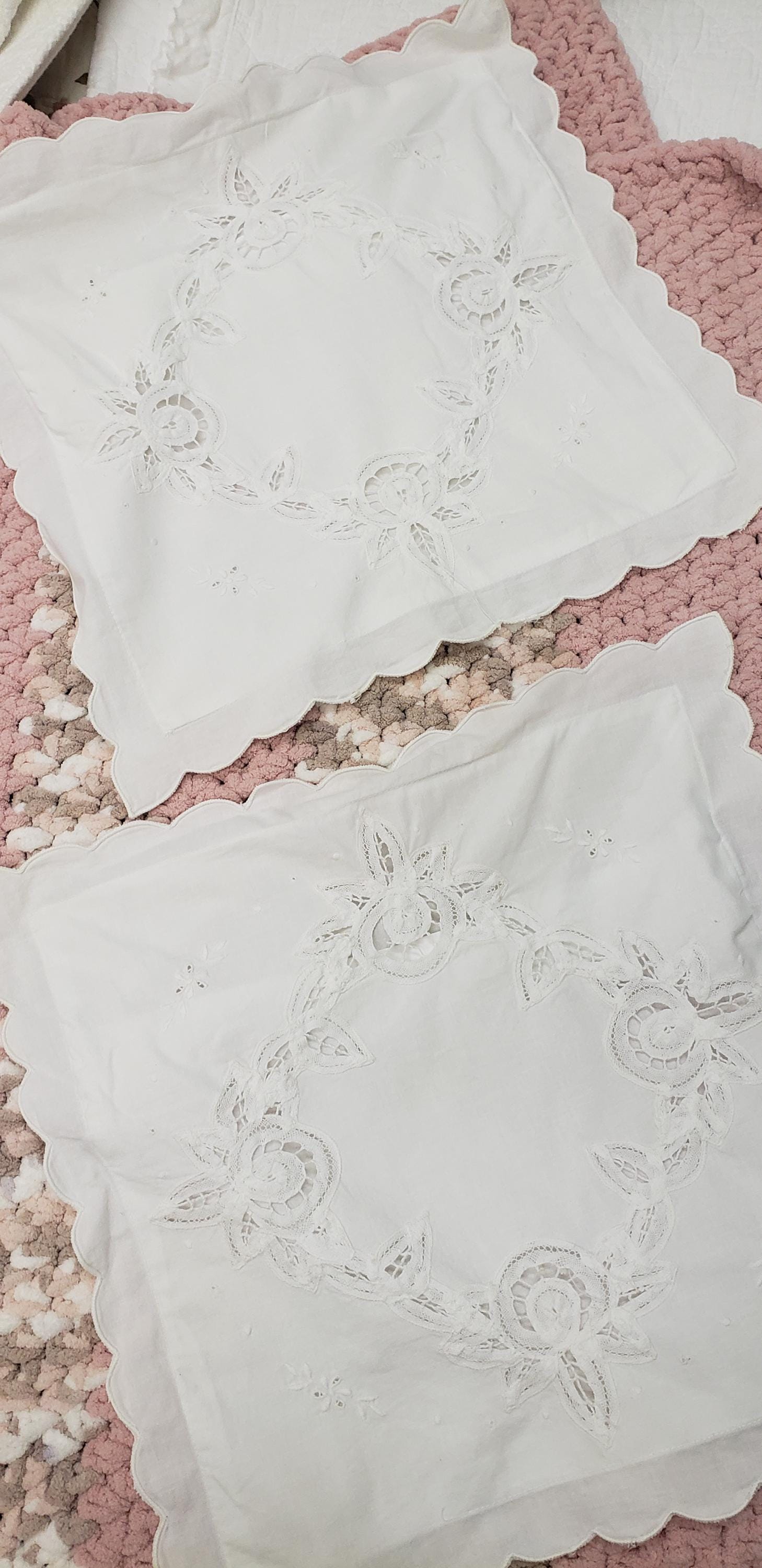 Pillow Covers Battenburg Lace and WHITE on White Embroidery