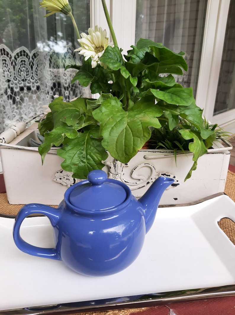May include: A blue ceramic teapot with a white lid sits on a white tray with a silver trim. The teapot is on a table with a white planter with green plants and white flowers.