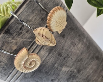 Puede incluir: Tres ganchos para cortina de ducha con diseños detallados y realistas de conchas marinas en tonos crema y marrón. Cada gancho cuenta con un brazo de metal curvado y un adorno de concha, incluyendo una venera y dos formas espirales.