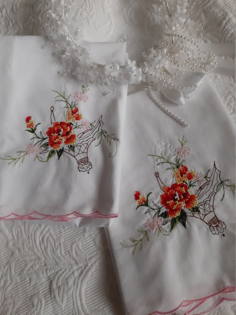 Pillow Cases Pink Floral Cross Stitch Embroidery image 2