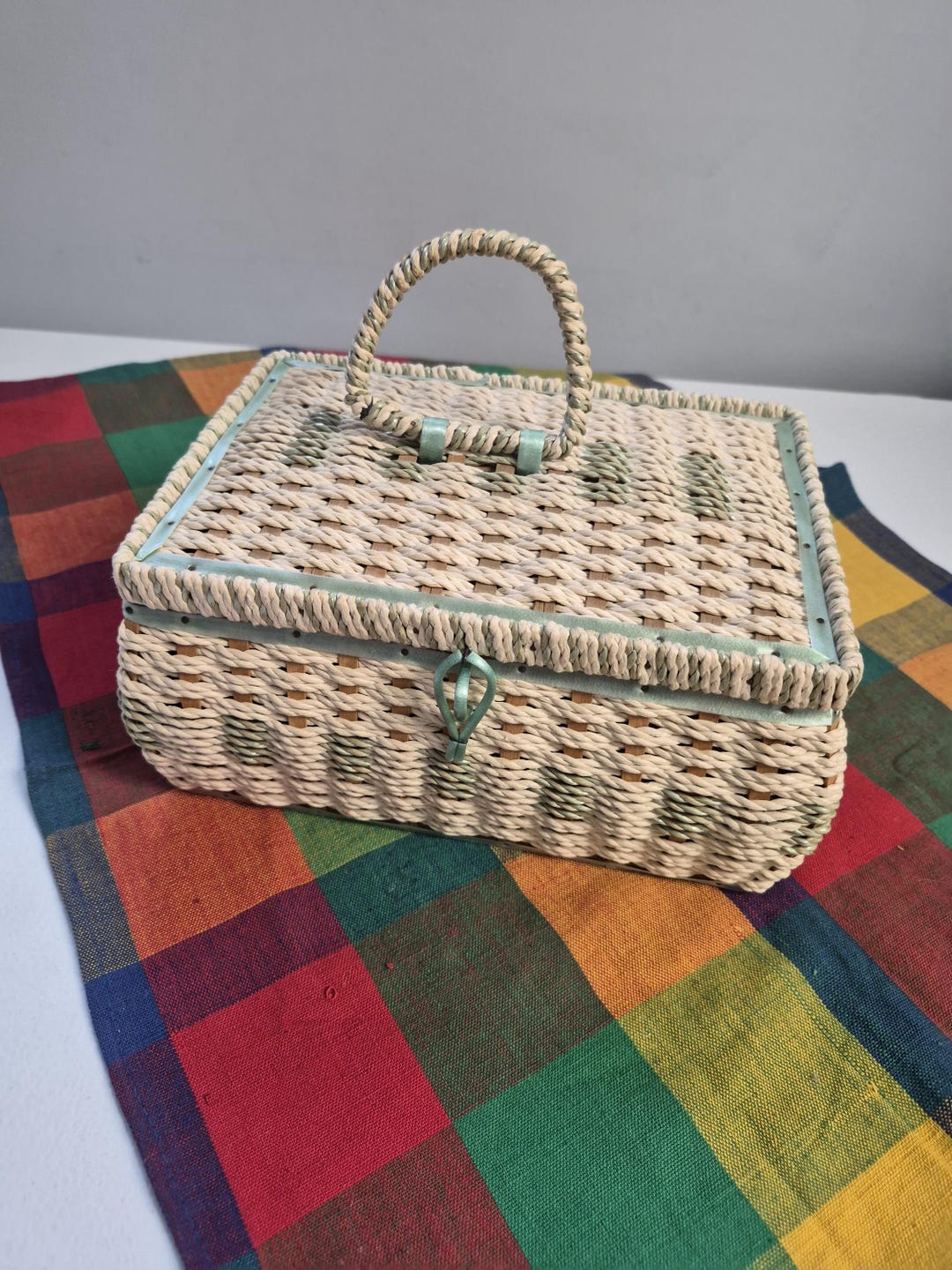 Green RATTAN Sewing Basket - Etsy