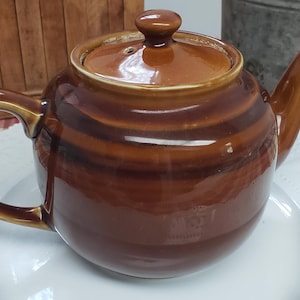May include: A brown ceramic teapot with a lid and handle, on a white decorative plate. The teapot has a rounded body with horizontal stripes and a spout. The background includes a wooden panel and a red and white checkered tablecloth.