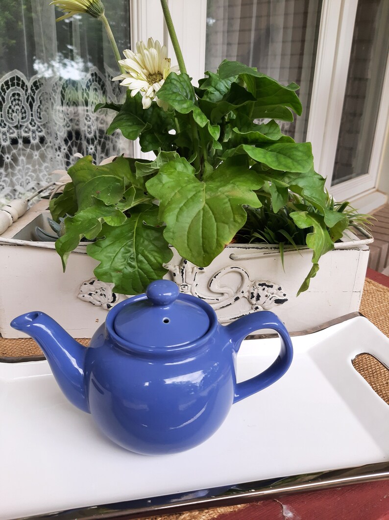 May include: A blue ceramic teapot with a white tray and a white planter with green plants and white flowers.