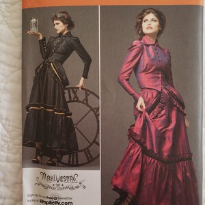 May include: Simplicity sewing pattern number 2207 for a steampunk-inspired dress with a fitted bodice and a full skirt. The pattern includes instructions for sizes RR 14, 16, 18, and 20, which correspond to EUR sizes 40-46 and FR sizes 42-48.