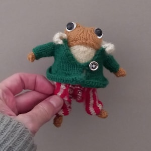 May include: A knitted frog toy wearing a green cardigan and red and white striped pants. The frog has brown eyes and a white collar.