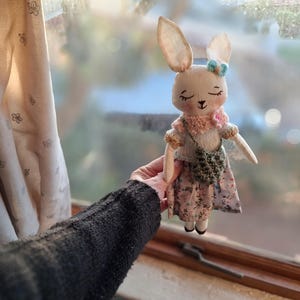 Bunny doll gift for baby, special present for mom, vintage-style textile doll with outfit, heirloom rag doll, nursery decor rabbit plushie