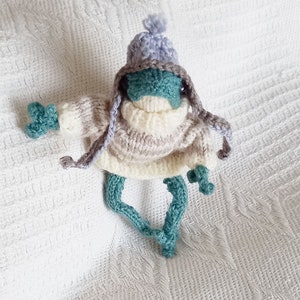 Knitted frog wearing sweater and hat, Froggo gift doll, Handmade frog, Frog Gift