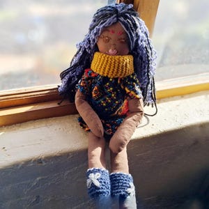 Handmade Textile Ragdoll: Embroidered Face, Knit Cardigan